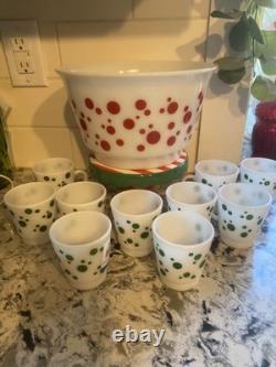 Vintage 50's Hazel Atlas DOTS Pattern Punch Bowl Set Bowl & 10 cups READ