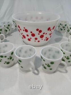 Vintage 50s Hazel Atlas Bowl + 16 Cups Milkglass withGreen and Red Polka Dots
