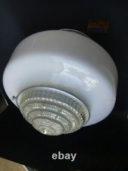 Vintage AGE Large Art Deco Light Milk Shade w Clear Glass Diffuser & Gallery 30s