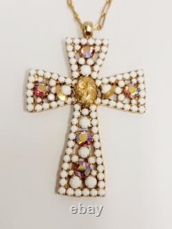 Vintage Alice Caviness Cross Necklace White Milk Glass Pink AB Rhinestone Gold