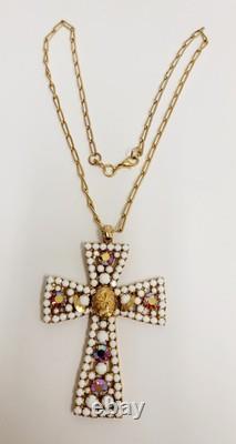 Vintage Alice Caviness Cross Necklace White Milk Glass Pink AB Rhinestone Gold