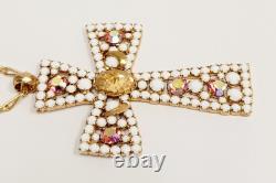 Vintage Alice Caviness Cross Necklace White Milk Glass Pink AB Rhinestone Gold