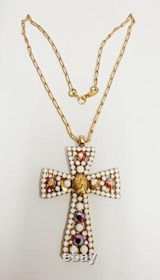 Vintage Alice Caviness Cross Necklace White Milk Glass Pink AB Rhinestone Gold