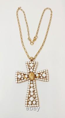Vintage Alice Caviness Cross Necklace White Milk Glass Rhinestone Gold Star
