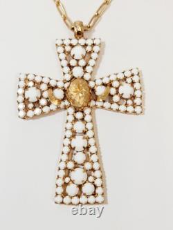Vintage Alice Caviness Cross Necklace White Milk Glass Rhinestone Gold Star
