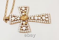 Vintage Alice Caviness Cross Necklace White Milk Glass Rhinestone Gold Star