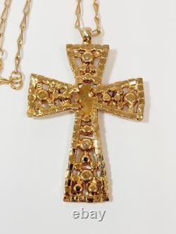 Vintage Alice Caviness Cross Necklace White Milk Glass Rhinestone Gold Star