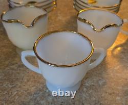 Vintage Anchor Hocking Dinnerware Fire King Milk Glass Gold Rim Set Of 8