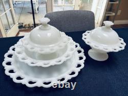Vintage Anchor Hocking Glass milk glass bowls with covers and matching plates