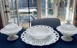 Vintage Anchor Hocking Glass milk glass bowls with covers and matching plates