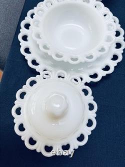 Vintage Anchor Hocking Glass milk glass bowls with covers and matching plates