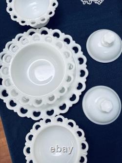Vintage Anchor Hocking Glass milk glass bowls with covers and matching plates