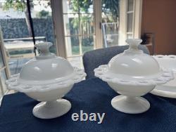 Vintage Anchor Hocking Glass milk glass bowls with covers and matching plates