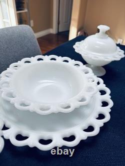Vintage Anchor Hocking Glass milk glass bowls with covers and matching plates