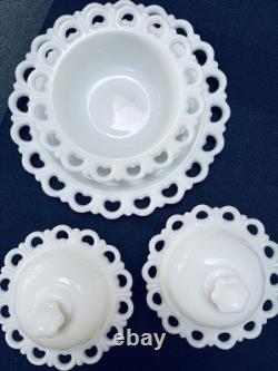 Vintage Anchor Hocking Glass milk glass bowls with covers and matching plates