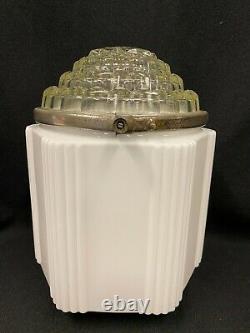 Vintage Antique Art Deco Skyscraper Light Fixture Globe Complete Milk Glass 2 Pc