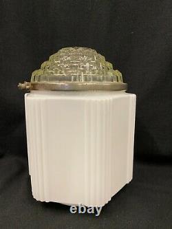 Vintage Antique Art Deco Skyscraper Light Fixture Globe Complete Milk Glass 2 Pc