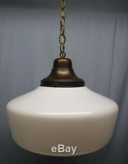 Vintage Antique Brass & Milk Glass Schoolhouse Pendant Light 14