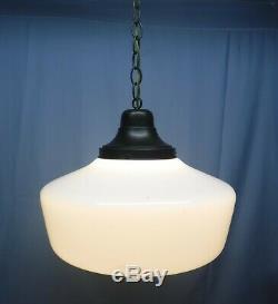 Vintage Antique Brass & Milk Glass Schoolhouse Pendant Light 14