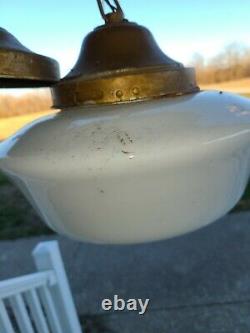 Vintage Antique Brass & Milk Glass Schoolhouse Pendant Light 14