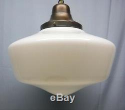 Vintage Antique Brass & Milk Glass Schoolhouse Pendant Light 14