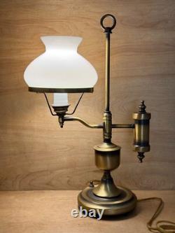 Vintage Antique Brass Student Lamp White Milk Glass Shade Porcelain Socket