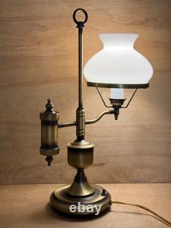 Vintage Antique Brass Student Lamp White Milk Glass Shade Porcelain Socket