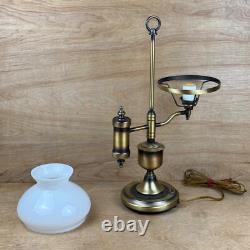 Vintage Antique Brass Student Lamp White Milk Glass Shade Porcelain Socket