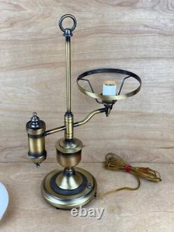 Vintage Antique Brass Student Lamp White Milk Glass Shade Porcelain Socket