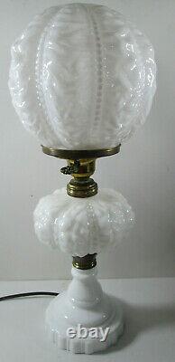 Vintage Antique Embossed Milk Glass Parlor Table Hurrican Lamp 18 Dual Light
