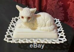 Vintage Antique White Milk Glass Covered Dish Figural Cat With Red Eyes