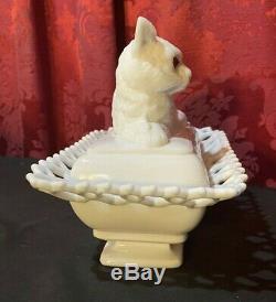 Vintage Antique White Milk Glass Covered Dish Figural Cat With Red Eyes