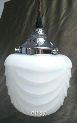 Vintage Art Deco C-1920s Schoolhouse Chrome & Opaline Milk Glass Pendant Light