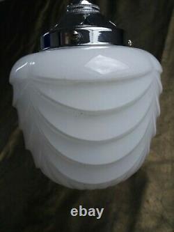 Vintage Art Deco C-1920s Schoolhouse Chrome & Opaline Milk Glass Pendant Light