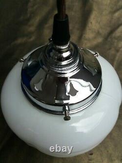 Vintage Art Deco C-1920s Schoolhouse Chrome & Opaline Milk Glass Pendant Light