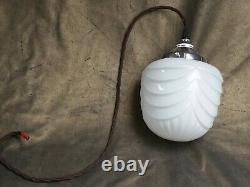 Vintage Art Deco C-1920s Schoolhouse Chrome & Opaline Milk Glass Pendant Light