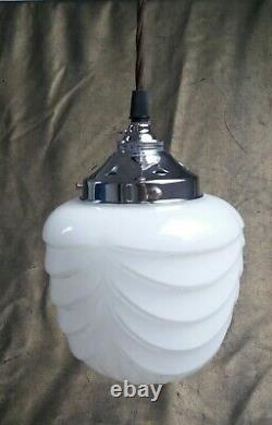 Vintage Art Deco C-1920s Schoolhouse Chrome & Opaline Milk Glass Pendant Light