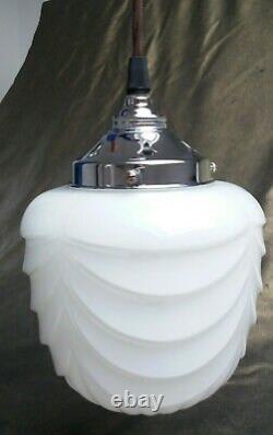 Vintage Art Deco C-1920s Schoolhouse Chrome & Opaline Milk Glass Pendant Light