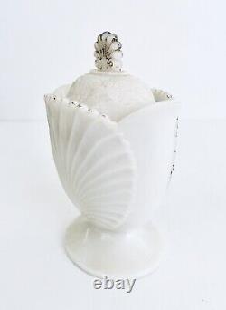Vintage Art Deco Ruffled Edge Hobnail Milk Glass Footed Vase W Lid 6.5H X 5W