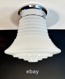Vintage Art Deco UFO Space Age Cylindrical White Milk Glass Light Fixture