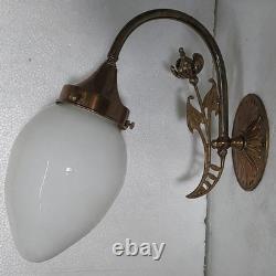Vintage Art Nouveau Brass Wall Sconce Light Opal White Milk Glass Teardrop Lamp