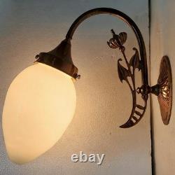 Vintage Art Nouveau Brass Wall Sconce Light Opal White Milk Glass Teardrop Lamp