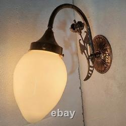 Vintage Art Nouveau Brass Wall Sconce Light Opal White Milk Glass Teardrop Lamp