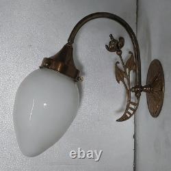 Vintage Art Nouveau Brass Wall Sconce Light Opal White Milk Glass Teardrop Lamp