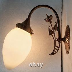 Vintage Art Nouveau Brass Wall Sconce Light Opal White Milk Glass Teardrop Lamp