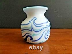 Vintage Artist Signed Grant Waves Iridescent Blue Milk Glass Vase 5 1/4 Euc