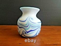 Vintage Artist Signed Grant Waves Iridescent Blue Milk Glass Vase 5 1/4 Euc