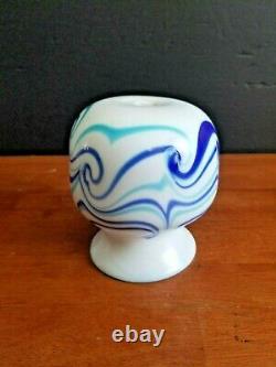 Vintage Artist Signed Grant Waves Iridescent Blue Milk Glass Vase 5 1/4 Euc