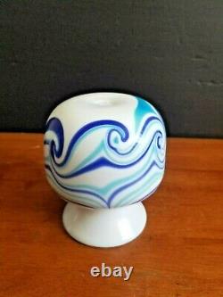 Vintage Artist Signed Grant Waves Iridescent Blue Milk Glass Vase 5 1/4 Euc