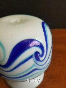 Vintage Artist Signed Grant Waves Iridescent Blue Milk Glass Vase 5 1/4 Euc